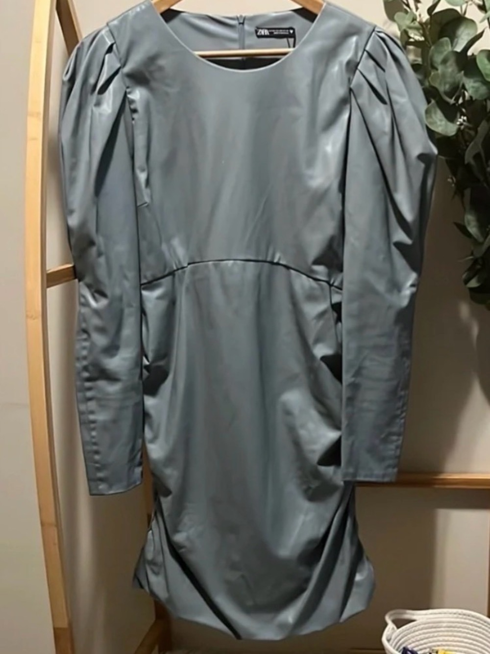 Zara Slate Green Puff-Sleeve Faux Leather Dress a323